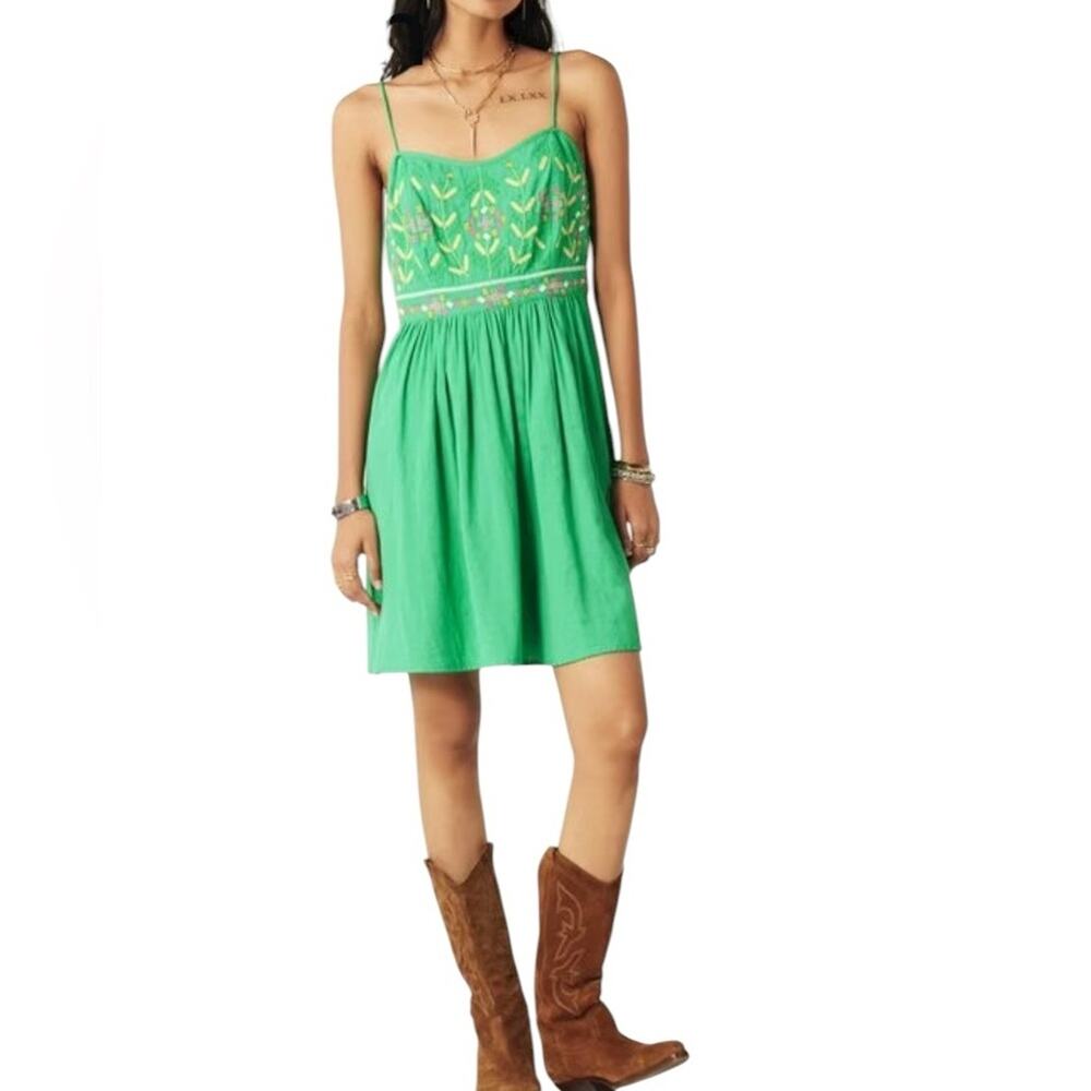 BA&SH Kika Green Embroidered Mini Dress Strappy Sundress size XS